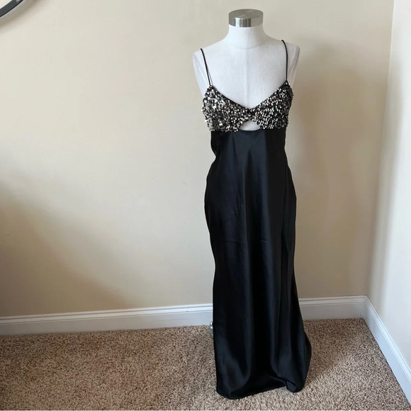 New! Zara Black Satin Contrast Sequin Maxi Slip Dress nwt 26138 - Picture 2 of 15